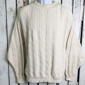 VTG Van Heusen Cream Knit Sweater Men L Cotton Geometric Grandpa 90s Vibes Retro